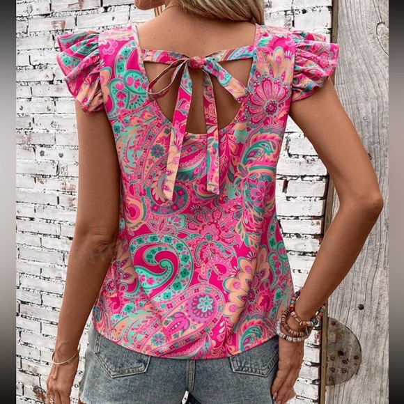 Boho Floral Paisley Print Ruffle Sleeve Top Blouse Shirt Pink - Picture 2 of 10